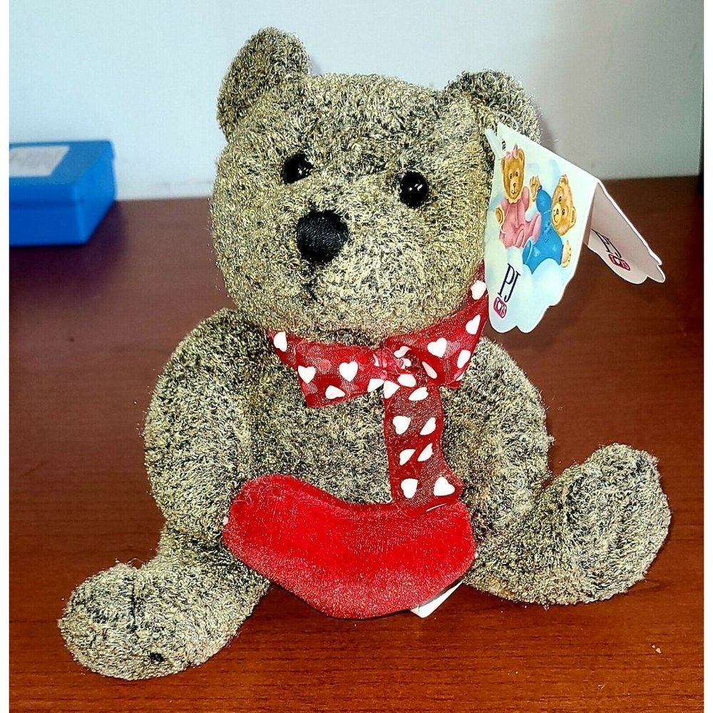 Pj Plush Brown Teddy Bear holding red heart 6.5" Bow Tie